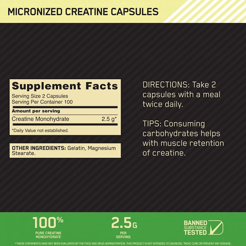 Optimum Nutrition Creatine 2500MG Capsules x 200 Caps